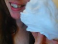 Crazy Pissing PAWG Camgirl Slut Pees Sitting Bathroom Toilet, Uses TP, Then LICKS Toilet Paper Once