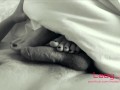 Footjob close up POV, rubbing and jerk off his dick with long toes and made him cum on feet