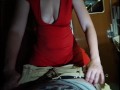 Sexy lady in red dress jerks me off in train compartment - perfect Handjob from hot bitch cum on her