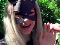 Model makes risky blowjob in public park, cum inside mouth outdoor, huge cumshot all face in cum