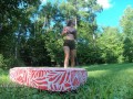 Yummy yogi pussy squirts outside with banana