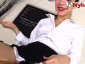 Sexy teacher in stockings sucking her own feet JOI scene