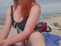 Public Beach Handjob Quickie till Fountain of Cum | Redhead Ginger Big Natural Tits in Swimsuit