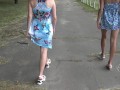 Two girls flashing pussy in public park, upskirt no panties