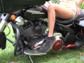Harley sneaker Pedal Pump during Covid. Can she drive a motorcycle? Hey! that's my motorcycle!!!!!