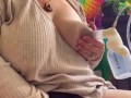 Milkymama pumps milk filled tits while rubbing hairy pussy