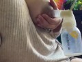 Milkymama pumps milk filled tits while rubbing hairy pussy