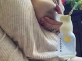Milkymama pumps milk filled tits while rubbing hairy pussy