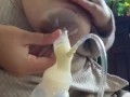 Milkymama pumps milk filled tits while rubbing hairy pussy