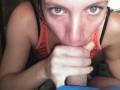 On her knees skeez. Sneaky blowjob and Cums in her throat. Giving head to Fred!