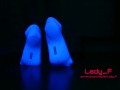 Mistress show beautiful feet in white socks in neon light, foot worship POV