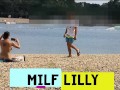 Milf Lilly naked on public beach got oil massage from stranger