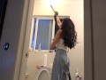 Bombshell Desi Girl Vacuuming the Bathroom in Crop Top and Jeans