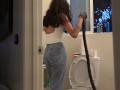 Bombshell Desi Girl Vacuuming the Bathroom in Crop Top and Jeans