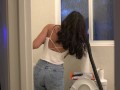 Bombshell Desi Girl Vacuuming the Bathroom in Crop Top and Jeans