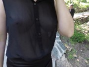 I walk at park without bra, jerk off guy in car, turn him on, but let him cum on me only in evening!