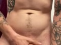 Tattooed male jerking off with dirty talk and moaning and cumming on hand 
