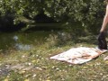 Naked wife Milf masturbates by river in nature. Strong orgasm naked woman Hairy pussy blonde closeup