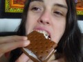 Naked HAIRY Girl Poses & Eats Ice Cream Sandwich MOUTH OPEN Nom Nom Food Fetishes are Fun to Feed!