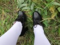 Schoolgirl in white knee socks, slave licks shoes femdome