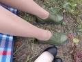 Schoolgirl in white socks changes shoes and shows her feet pantyhose knee socks