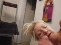 Blonde girlfriend deep throats my cock and finished with balls deep in her throat