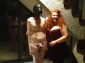 Male slave bound in cling wrap gets riding crop CBT by two gorgeous Femdoms