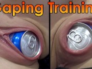 My wife trains  stretching her pussy with soda can and coffee can