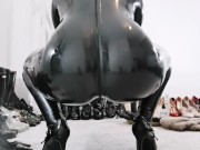 Amateur Redhead Anal Training & ATM in Latex Catsuit and Heels