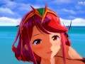 Morag, Mythra and Pyra's obligatory gangbang leave at the radiant beach in Xenoblade Chronicles 2