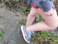 Nerdy School Girl Plays In The Rainy Day Piss Puddles