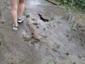 Nerdy School Girl Plays In The Rainy Day Piss Puddles