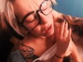 Nerdy tattooed big tits slut gets face fucked POV !