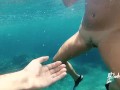 Naked adventures! Underwater sex games on a public beach ends in ruined orgasm.