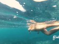 Naked adventures! Underwater sex games on a public beach ends in ruined orgasm.