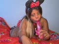 Ebony minnie mouse hotie is waiting for you hard cock, she fucks with her big dildo and gets so wet