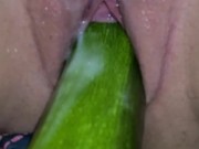Boyfriend teases and penetrates my pussy with a giant squash from our garden. 
