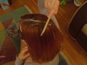 Wife combs sperm into her hair after fucking and tittyjob.