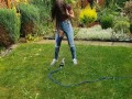 Wetting My Jeans Into sockless Shoes then soaking in the sprinkler