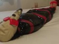 BDSM Slave Girl, plastic mummification with gasmask Breathplay