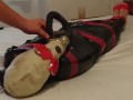 BDSM Slave Girl, plastic mummification with gasmask Breathplay