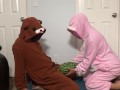 Handjob with watermelon then eats it in bunny onesie pajamas