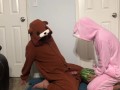 Handjob with watermelon then eats it in bunny onesie pajamas