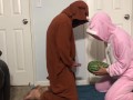 Handjob with watermelon then eats it in bunny onesie pajamas