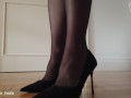 Young wife with sexy feet changes ballet fats for high heels
