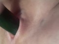 Jamming a thick cold cucumber in my shaved pussy