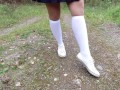 Schoolgirl in white knee socks walk nature foot feet fetish under skirt