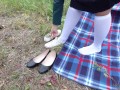 Schoolgirl in white knee socks walk nature foot feet fetish under skirt