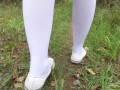 Schoolgirl in white knee socks walk nature foot feet fetish under skirt