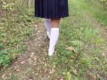 Schoolgirl in white knee socks walk nature foot feet fetish under skirt